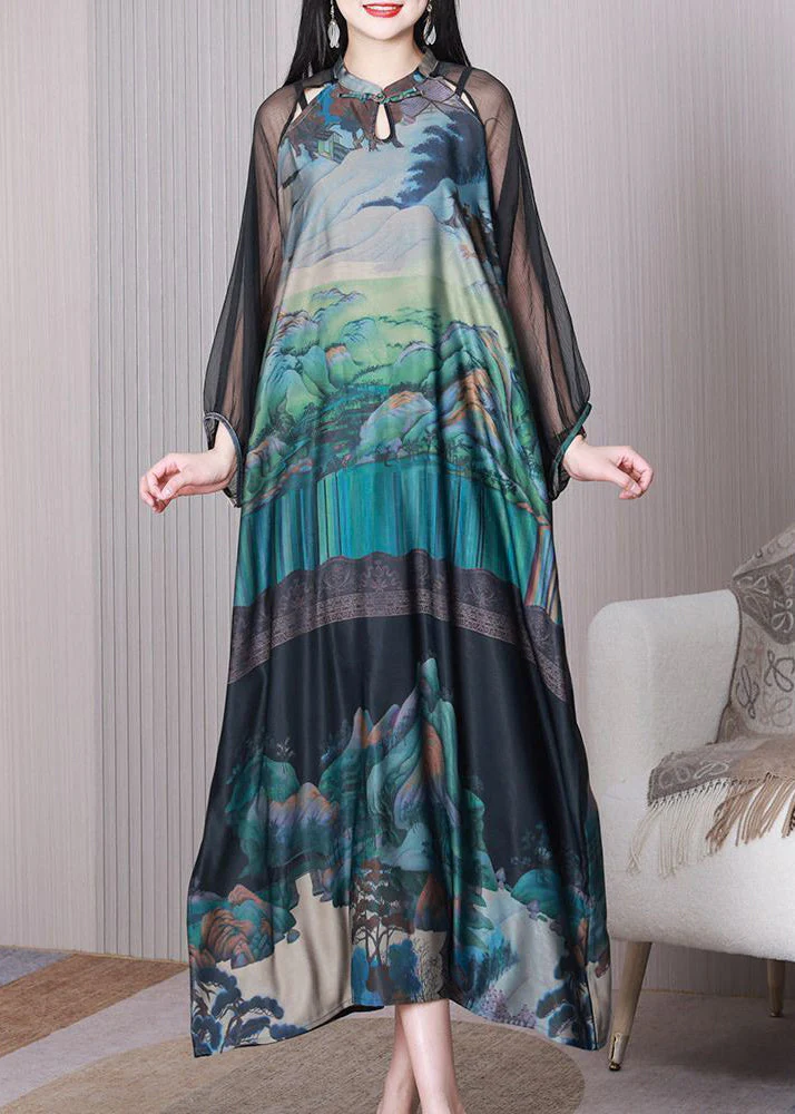 Chinese Style Green Mandarin Collar Print Hollow Out Silk Dresses Summer - republicanstateiChinese Style Green Mandarin Collar Print Hollow Out Silk Dresses Summer - republicanstatei