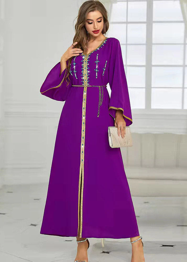 Boutique Purple V Neck Patchwork Zircon Tie Waist Button Maxi Dresses Fall - republicanstateiBoutique Purple V Neck Patchwork Zircon Tie Waist Button Maxi Dresses Fall - republicanstatei