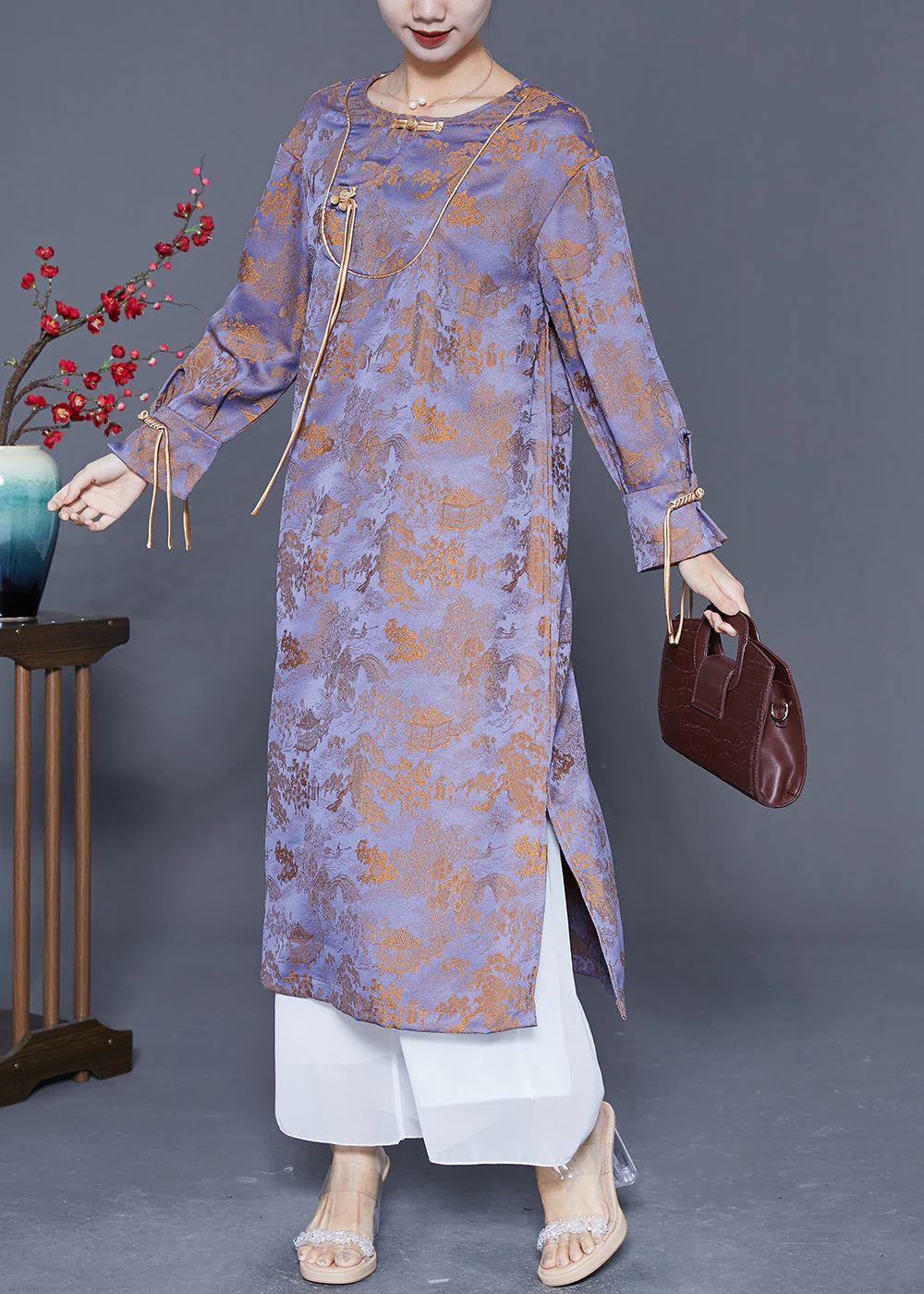 Vintage Purple Chinese Button Tassel Jacquard Silk Long Dresses Spring - republicanstateiVintage Purple Chinese Button Tassel Jacquard Silk Long Dresses Spring - republicanstatei