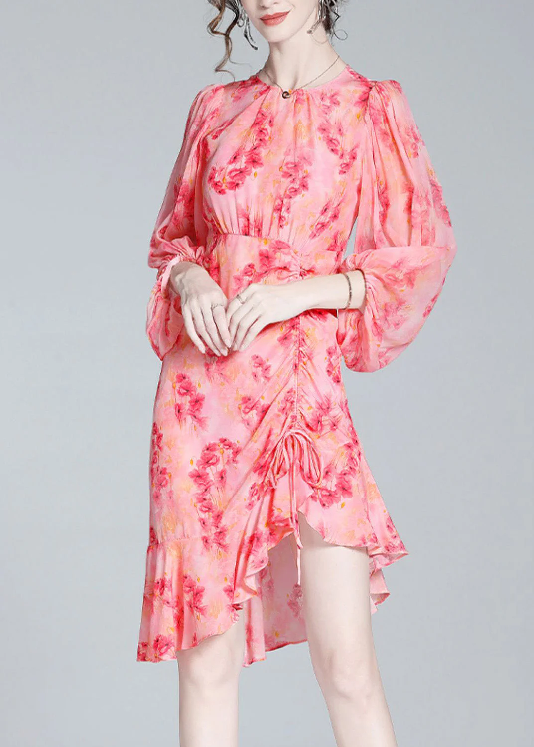 Elegant Pink O-Neck Print Tunic Slim Vacation Long Dresses Lantern Sleeve - republicanstateiElegant Pink O-Neck Print Tunic Slim Vacation Long Dresses Lantern Sleeve - republicanstatei