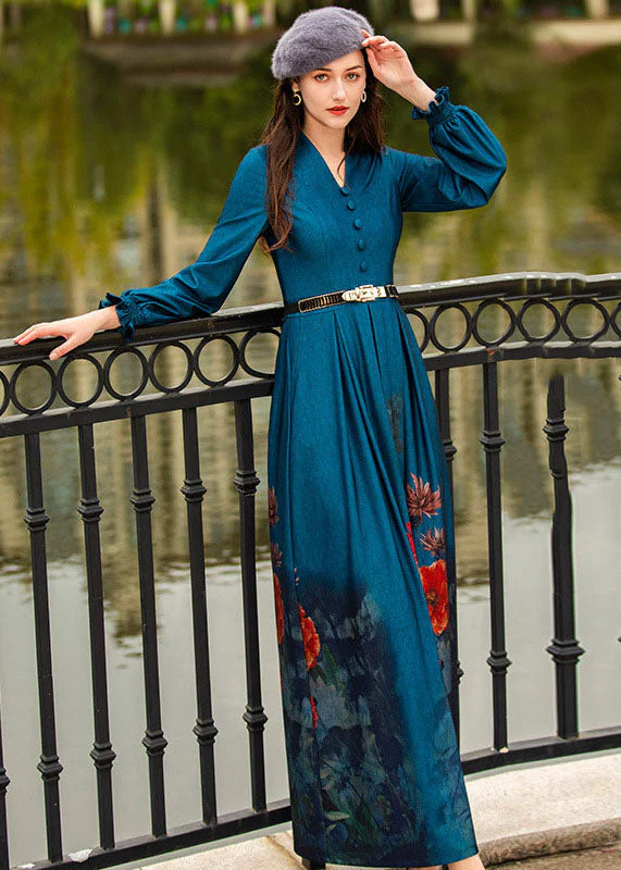 Unique Navy V Neck Print Exra Large Hem Sashes Cotton Denim Dress Spring - republicanstateiUnique Navy V Neck Print Exra Large Hem Sashes Cotton Denim Dress Spring - republicanstatei