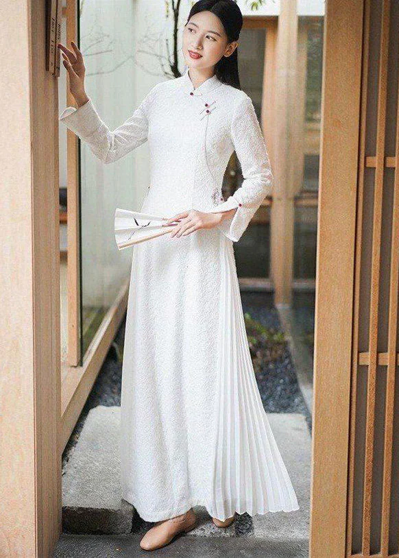 DIY White Stand Collar Patchwork Wrinkled Button Cotton Maxi Dresses Long Sleeve - republicanstateiDIY White Stand Collar Patchwork Wrinkled Button Cotton Maxi Dresses Long Sleeve - republicanstatei