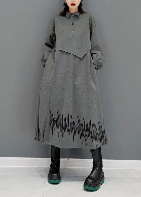 French Grey Peter Pan Collar Patchwork Button Maxi Dresses Long Sleeve - republicanstateiFrench Grey Peter Pan Collar Patchwork Button Maxi Dresses Long Sleeve - republicanstatei