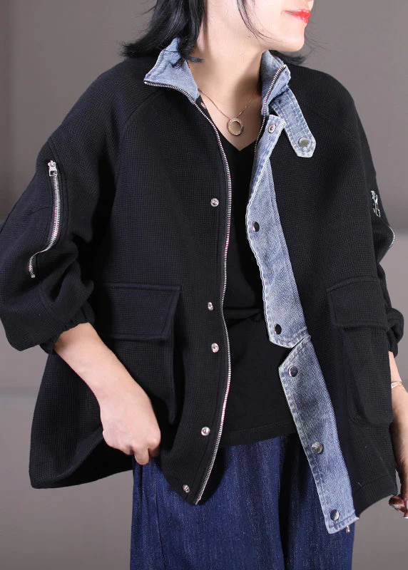 Fashion Black Stand Collar Zippered Button Pockets Denim Patchwork Coats Long Sleeve - republicanstateiFashion Black Stand Collar Zippered Button Pockets Denim Patchwork Coats Long Sleeve - republicanstatei