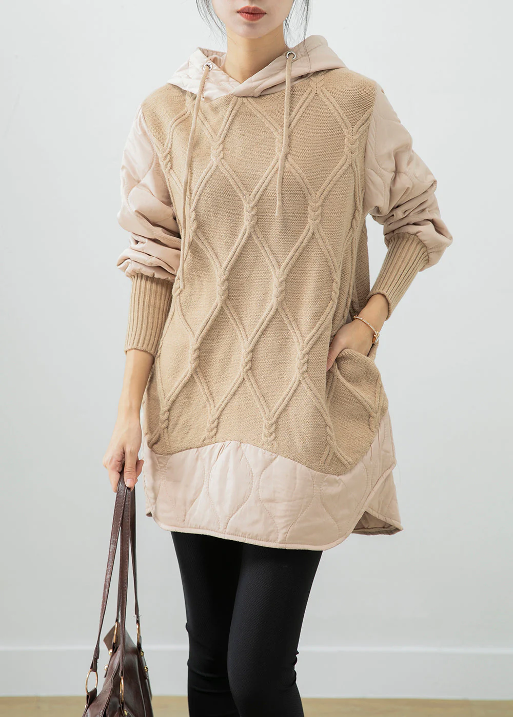 Beautiful Beige Hooded Patchwork Fine Cotton Filled Sweatshirt Dress Winter - republicanstateiBeautiful Beige Hooded Patchwork Fine Cotton Filled Sweatshirt Dress Winter - republicanstatei