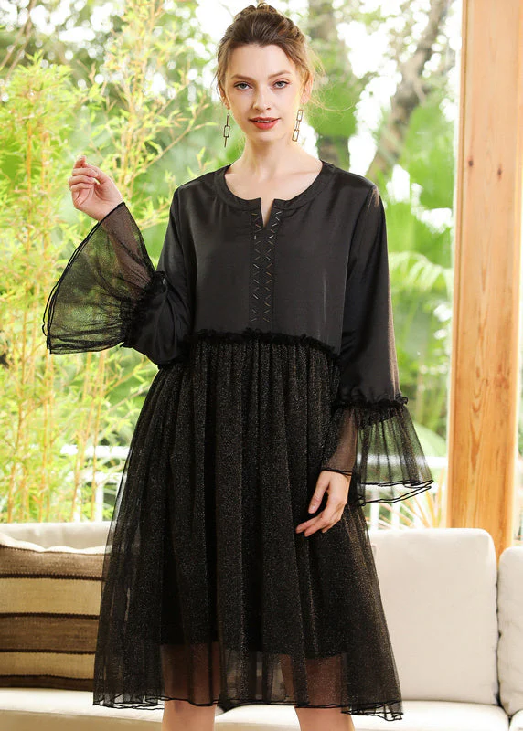 Fine Black Ruffled Patchwork Golden Sequins Chiffon Dress Flare Sleeve - republicanstateiFine Black Ruffled Patchwork Golden Sequins Chiffon Dress Flare Sleeve - republicanstatei