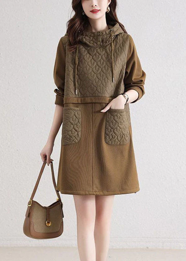 Modern Khaki Hooded Patchwork Pockets Cotton Loose Sweatshirt Dress Spring - republicanstateiModern Khaki Hooded Patchwork Pockets Cotton Loose Sweatshirt Dress Spring - republicanstatei