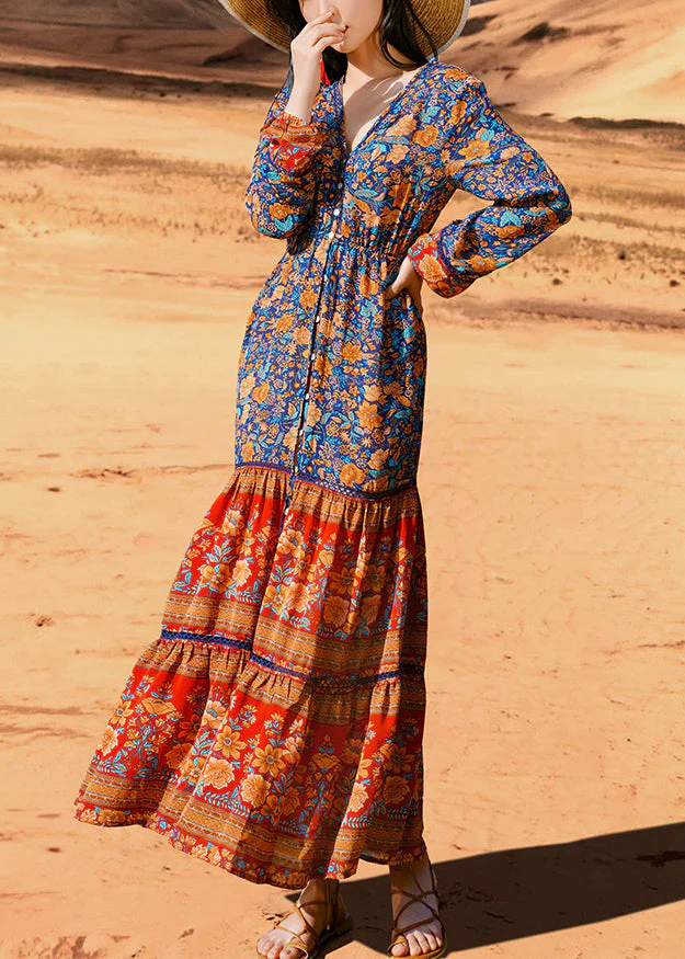 Italian Colorblock Ruffled Print Patchwork Cotton Shirts Long Dress Fall - republicanstateiItalian Colorblock Ruffled Print Patchwork Cotton Shirts Long Dress Fall - republicanstatei