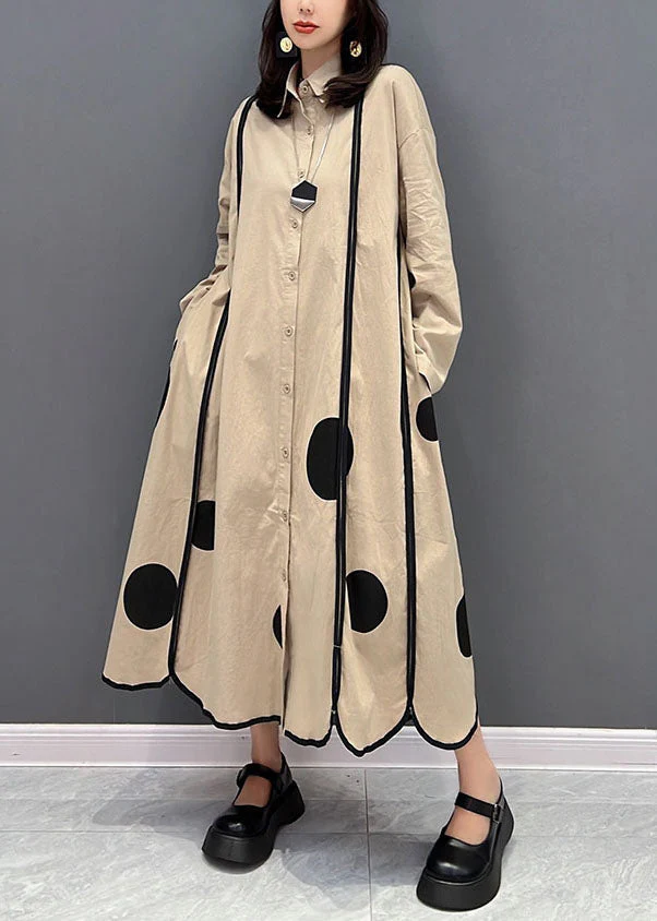 Plus Size Khaki Peter Pan Collar Patchwork Dot Print Cotton Vacation Dresses Fall - republicanstateiPlus Size Khaki Peter Pan Collar Patchwork Dot Print Cotton Vacation Dresses Fall - republicanstatei