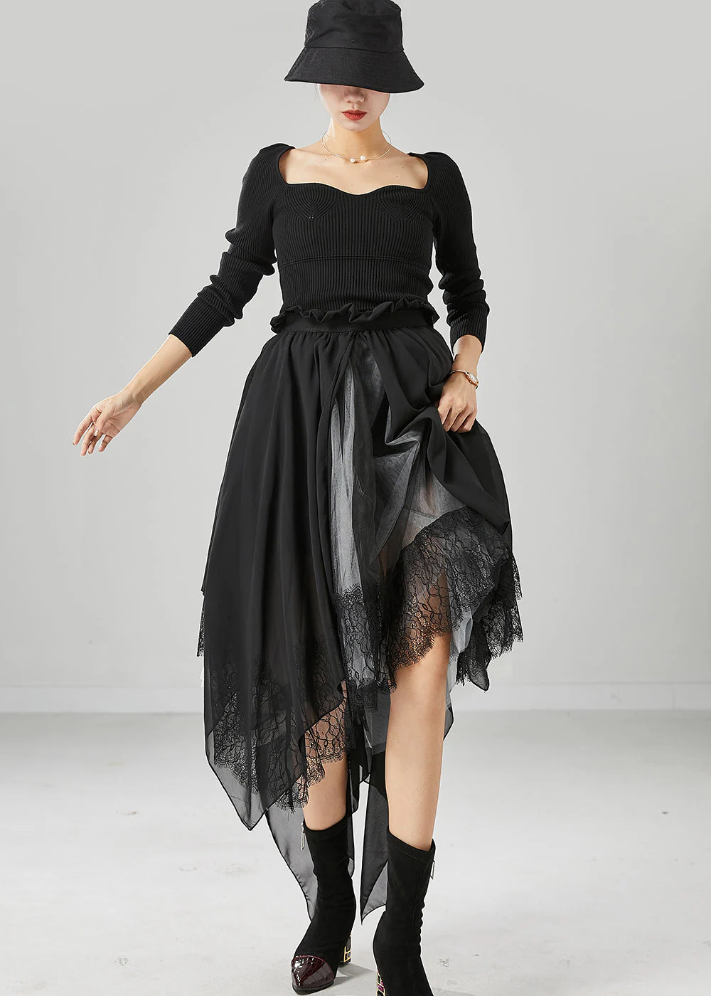Beautiful Black Square Collar Asymmetrical Patchwork Exra Large Hem Knit Dress Fall - republicanstateiBeautiful Black Square Collar Asymmetrical Patchwork Exra Large Hem Knit Dress Fall - republicanstatei