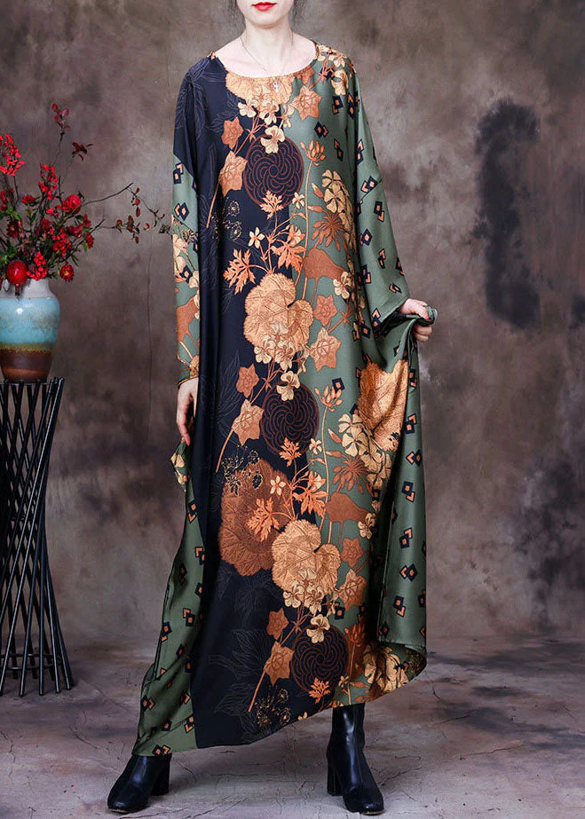 Style Green O-Neck Oversized Print Silk Vacation Dresses Batwing Sleeve - republicanstateiStyle Green O-Neck Oversized Print Silk Vacation Dresses Batwing Sleeve - republicanstatei