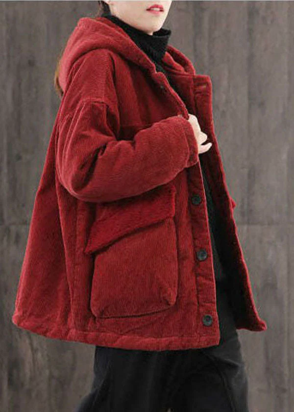 Plus Size Red Hooded Pockets Fine Cotton Filled Corduroy Parka Jacket Winter - republicanstateiPlus Size Red Hooded Pockets Fine Cotton Filled Corduroy Parka Jacket Winter - republicanstatei