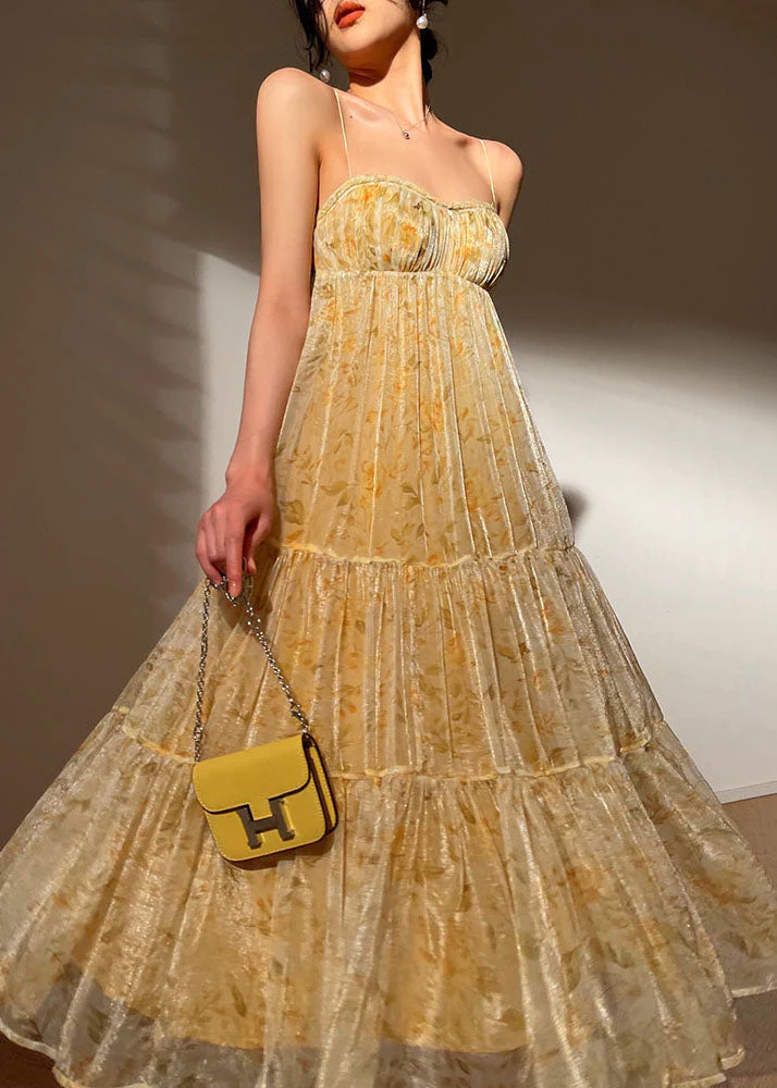 Modern Yellow Print Bustier Patchwork Exra Large Hem Silk Spaghetti Strap Dresses Sleeveless - republicanstateiModern Yellow Print Bustier Patchwork Exra Large Hem Silk Spaghetti Strap Dresses Sleeveless - republicanstatei