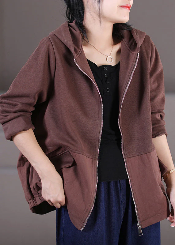 Vintage Chocolate Zippered Patchwork Low High Design Hooded Coats Long Sleeve - republicanstateiVintage Chocolate Zippered Patchwork Low High Design Hooded Coats Long Sleeve - republicanstatei
