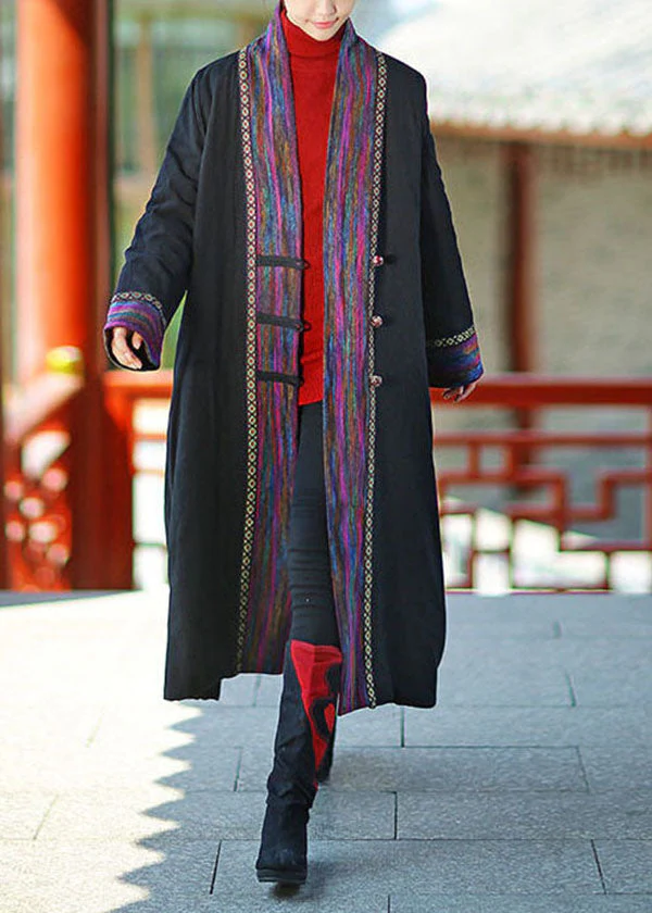 Plus Size Black V Neck Patchwork Fine Cotton Filled Long Coats Winter - republicanstateiPlus Size Black V Neck Patchwork Fine Cotton Filled Long Coats Winter - republicanstatei