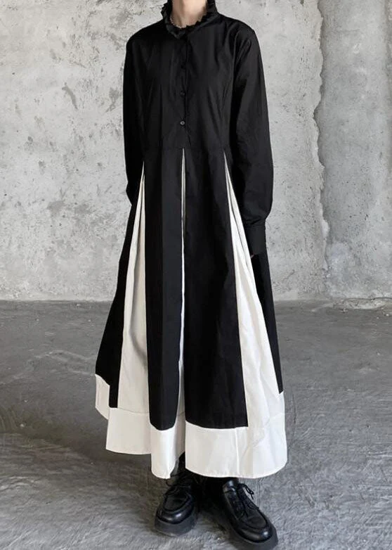 Casual Black Stand Collar Patchwork Exra Large Hem Cotton Shirts Dresses Spring - republicanstateiCasual Black Stand Collar Patchwork Exra Large Hem Cotton Shirts Dresses Spring - republicanstatei
