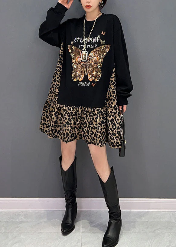Style Black Oversized Patchwork Leopard Cotton Sweatshirt Dress Spring - republicanstateiStyle Black Oversized Patchwork Leopard Cotton Sweatshirt Dress Spring - republicanstatei