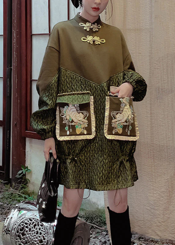 Novelty Green Stand Collar Embroideried Drawstring Patchwork Button Mid Dress Spring - republicanstateiNovelty Green Stand Collar Embroideried Drawstring Patchwork Button Mid Dress Spring - republicanstatei
