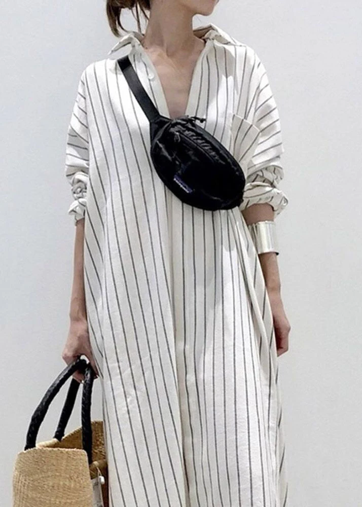 Handmade White Peter Pan Collar Striped Cotton Long Shirts Dresses Spring - republicanstateiHandmade White Peter Pan Collar Striped Cotton Long Shirts Dresses Spring - republicanstatei