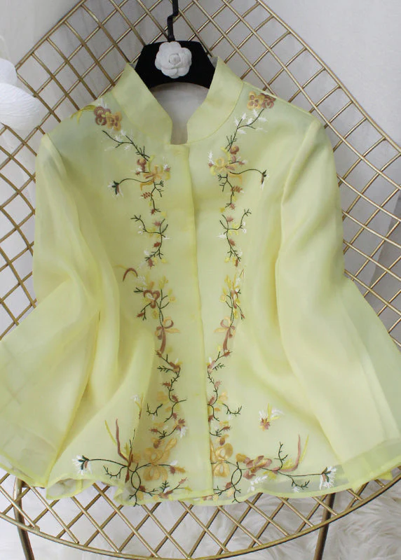 Simple Yellow Stand Collar Embroideried Floral Chiffon Coat Long Sleeve - republicanstateiSimple Yellow Stand Collar Embroideried Floral Chiffon Coat Long Sleeve - republicanstatei