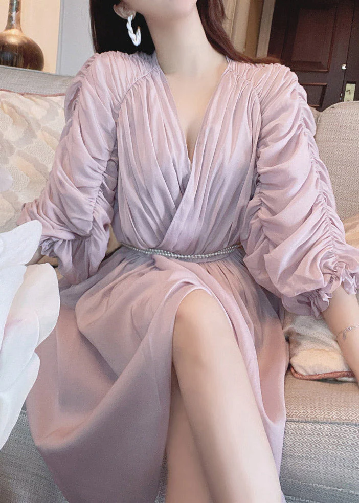 Elegant Light Purple V Neck Asymmetrical Pearl Tie Waist Silk Maxi Dress Puff Sleeve - republicanstateiElegant Light Purple V Neck Asymmetrical Pearl Tie Waist Silk Maxi Dress Puff Sleeve - republicanstatei