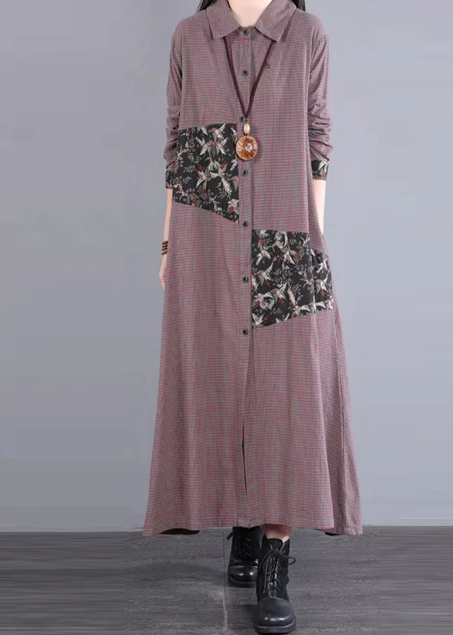 Coffee Plaid Pockets Patchwork Cotton Long Dress Peter Pan Collar Fall - republicanstateiCoffee Plaid Pockets Patchwork Cotton Long Dress Peter Pan Collar Fall - republicanstatei