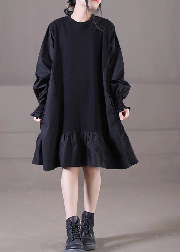 Handmade Black O-Neck Wrinkled Patchwork Ruffles Cotton Mid Dress Lantern Sleeve - republicanstateiHandmade Black O-Neck Wrinkled Patchwork Ruffles Cotton Mid Dress Lantern Sleeve - republicanstatei