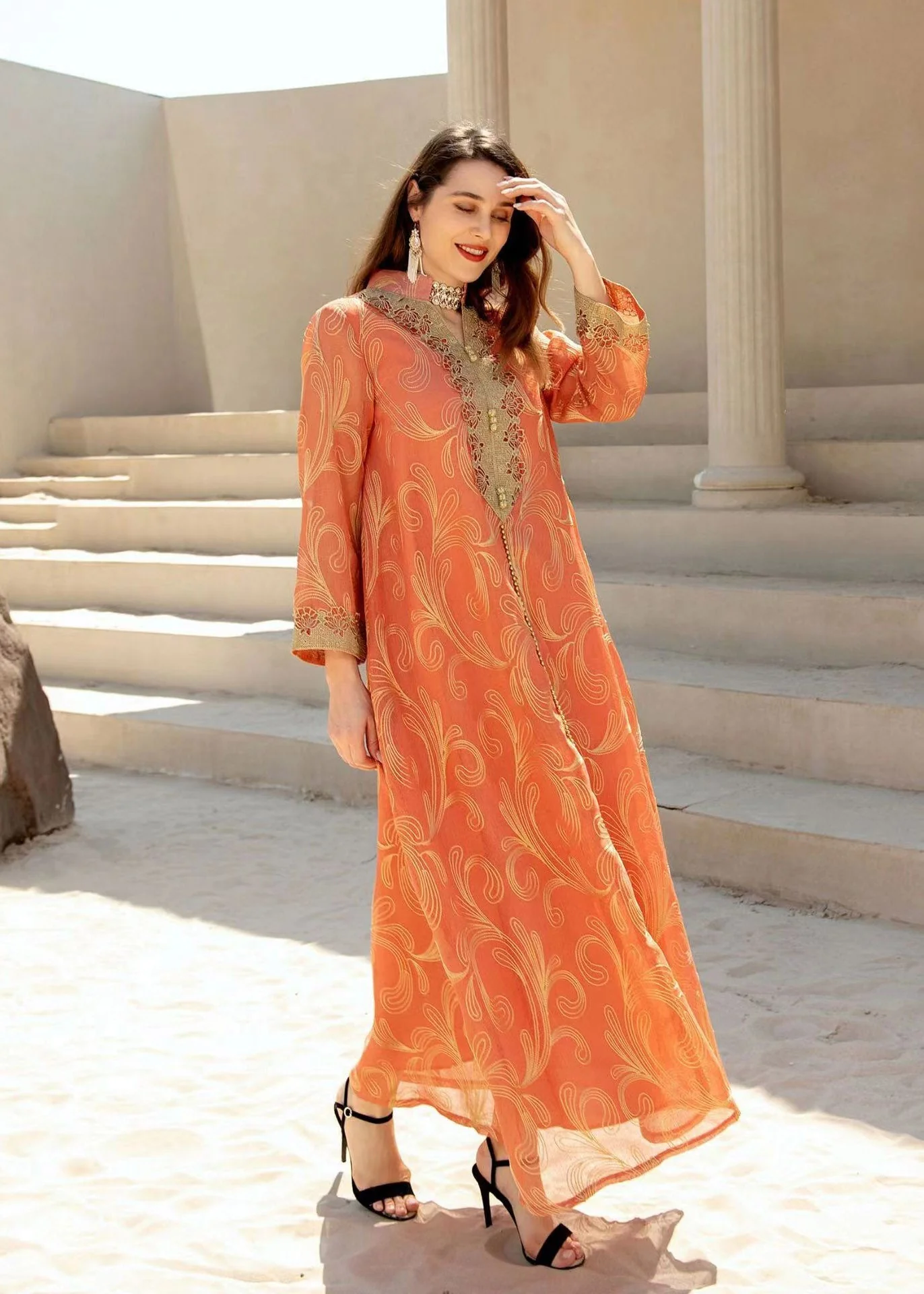 Natural Orange Stand Collar Embroideried Button Tulle Holiday Long Dress Fall - republicanstateiNatural Orange Stand Collar Embroideried Button Tulle Holiday Long Dress Fall - republicanstatei