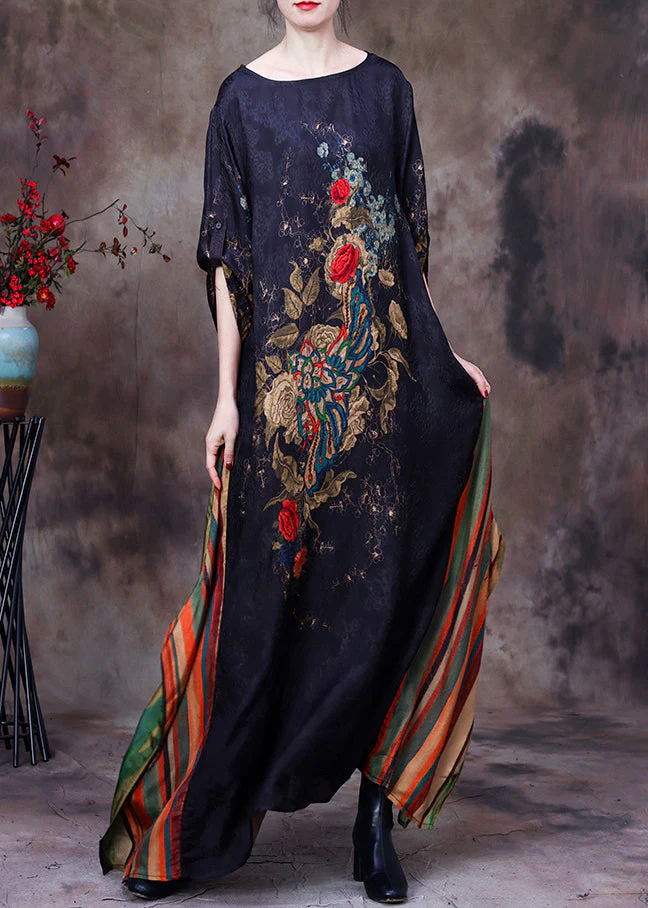 Slim Fit Black Yellow Colour O-Neck Print Patchwork Silk Maxi Dress Long Sleeve - republicanstateiSlim Fit Black Yellow Colour O-Neck Print Patchwork Silk Maxi Dress Long Sleeve - republicanstatei