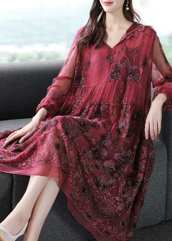 French Mulberry Hooded Embroideried Patchwork Silk Long Dresses Spring - republicanstateiFrench Mulberry Hooded Embroideried Patchwork Silk Long Dresses Spring - republicanstatei