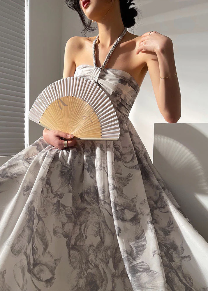 Bohemian Grey Cold Shoulder Print Exra Large Hem Chiffon Dress Sleeveless - republicanstateiBohemian Grey Cold Shoulder Print Exra Large Hem Chiffon Dress Sleeveless - republicanstatei