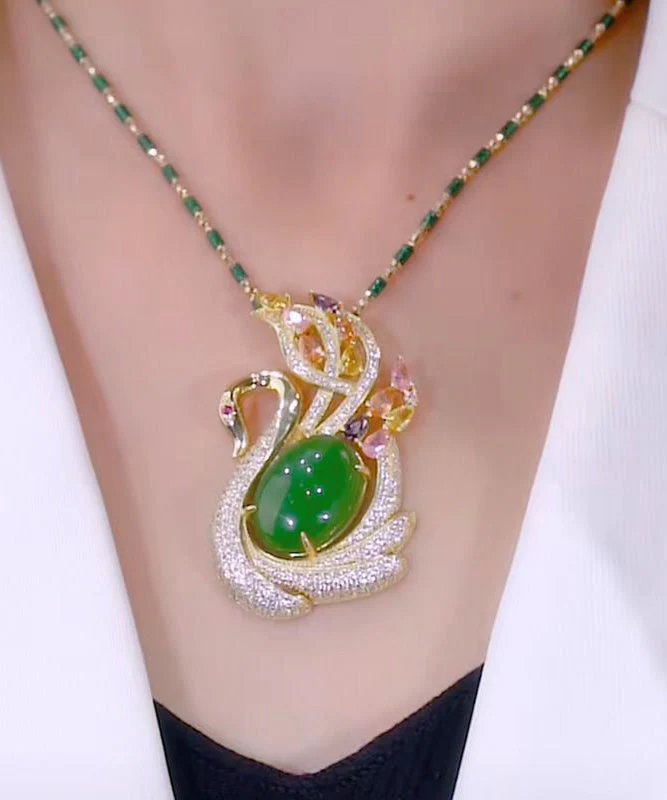 2024 Green Sterling Silver Overgild Jade Cat's Eye Stone Swan Zircon Bamboo Joints Pendant Necklace - republicanstatei2024 Green Sterling Silver Overgild Jade Cat's Eye Stone Swan Zircon Bamboo Joints Pendant Necklace - republicanstatei