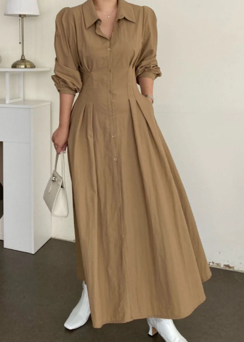 Organic Khaki Peter Pan Collar Wrinkled Patchwork Cotton Long Dresses Spring - republicanstateiOrganic Khaki Peter Pan Collar Wrinkled Patchwork Cotton Long Dresses Spring - republicanstatei
