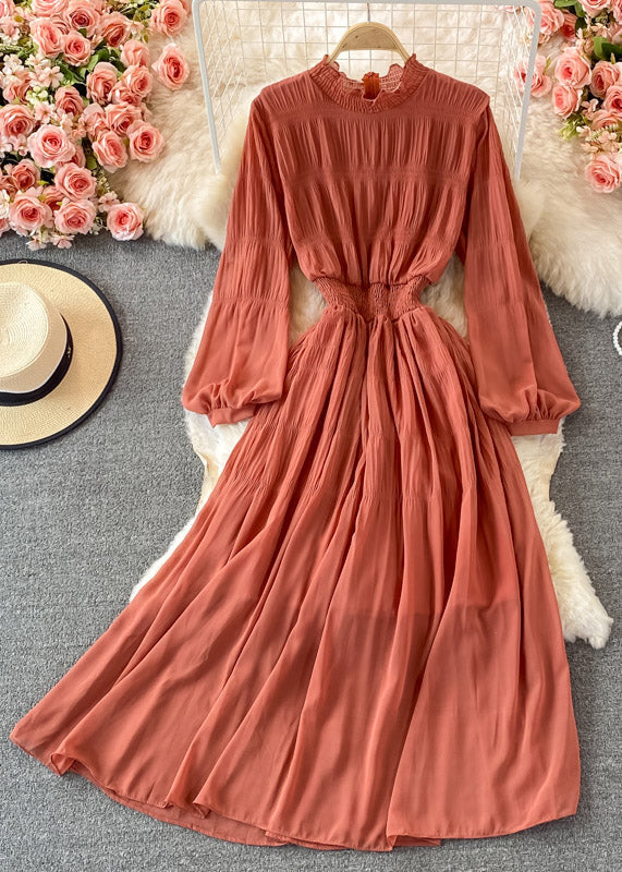 Vogue Orange Stand Collar Ruffled Tunic Chiffon Long Dresses Long Sleeve - republicanstateiVogue Orange Stand Collar Ruffled Tunic Chiffon Long Dresses Long Sleeve - republicanstatei