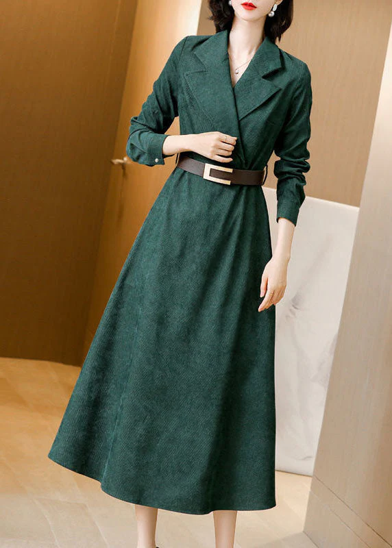 Beautiful Green Notched Collar Sashes Slim Fit Corduroy Maxi Dresses Spring - republicanstateiBeautiful Green Notched Collar Sashes Slim Fit Corduroy Maxi Dresses Spring - republicanstatei
