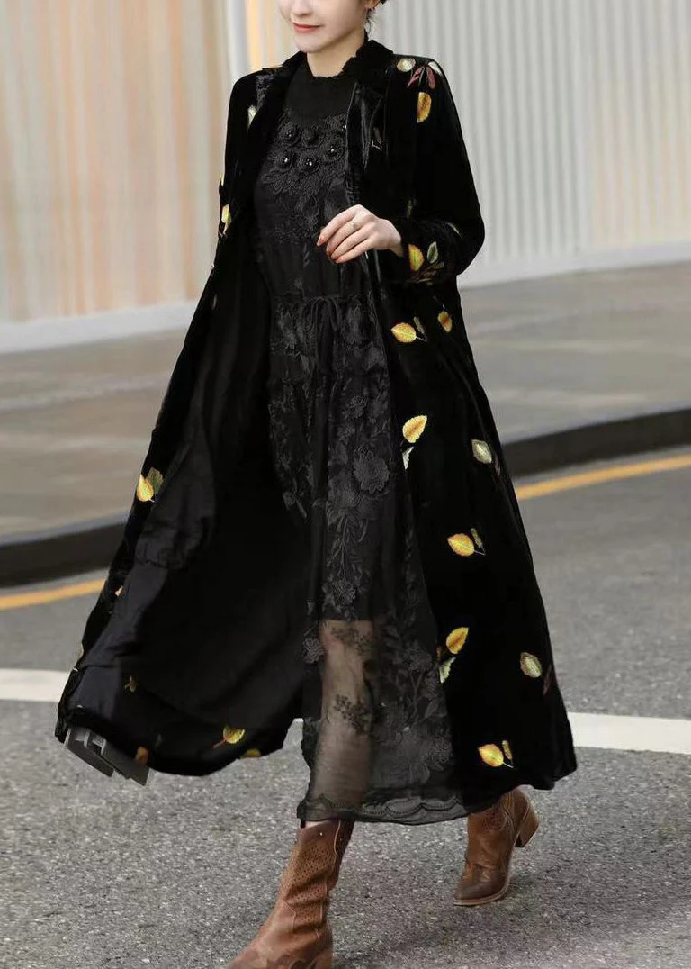 Italian Black Notched Embroideried Patchwork Silk Long Coat Long Sleeve - republicanstateiItalian Black Notched Embroideried Patchwork Silk Long Coat Long Sleeve - republicanstatei