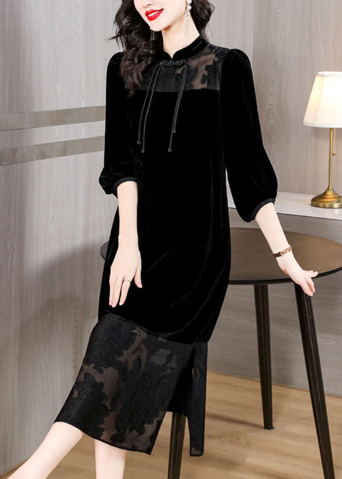 Loose Black Tulle Patchwork Side Open Silk Velour Dress Bracelet Sleeve - republicanstateiLoose Black Tulle Patchwork Side Open Silk Velour Dress Bracelet Sleeve - republicanstatei