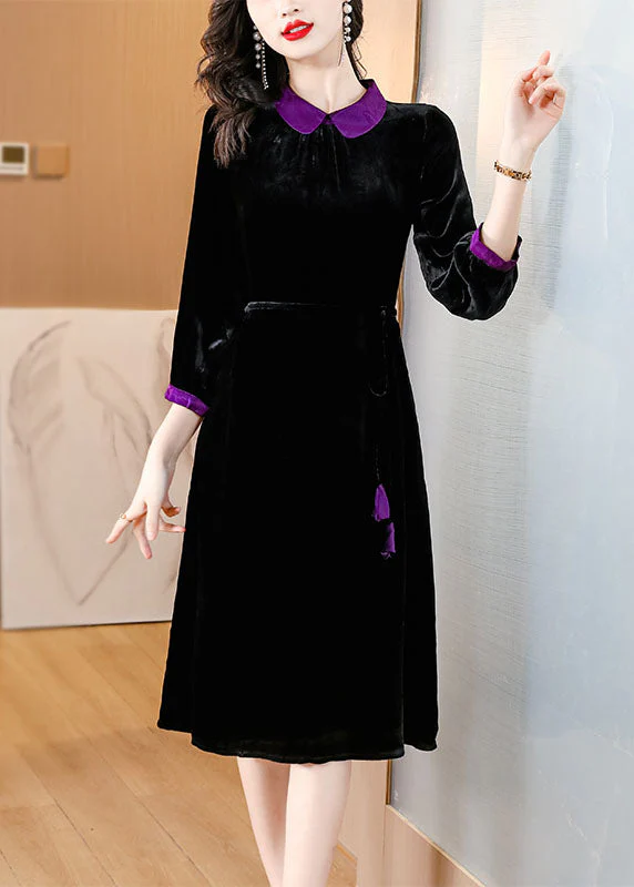 Boho Black Peter Pan Collar Patchwork Silk Velour Maxi Dresses Long Sleeve - republicanstateiBoho Black Peter Pan Collar Patchwork Silk Velour Maxi Dresses Long Sleeve - republicanstatei