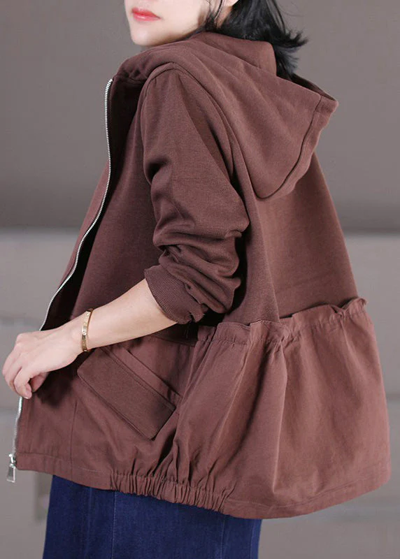 Vintage Chocolate Zippered Patchwork Low High Design Hooded Coats Long Sleeve - republicanstateiVintage Chocolate Zippered Patchwork Low High Design Hooded Coats Long Sleeve - republicanstatei