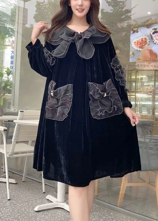 Unique Black Peter Pan Collar Organza Patchwork Silk Velour A Line Dresses Spring - republicanstateiUnique Black Peter Pan Collar Organza Patchwork Silk Velour A Line Dresses Spring - republicanstatei