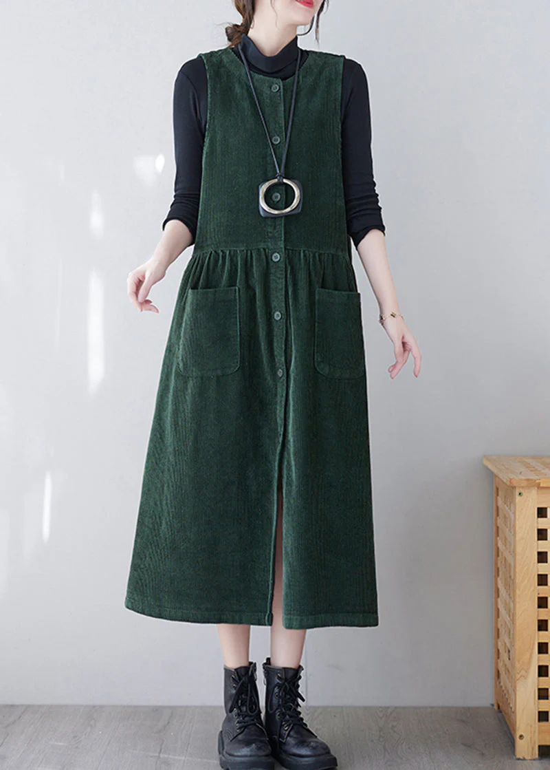 French Green O-Neck Patchwork Pockets Corduroy Vacation Dresses Spring - republicanstateiFrench Green O-Neck Patchwork Pockets Corduroy Vacation Dresses Spring - republicanstatei