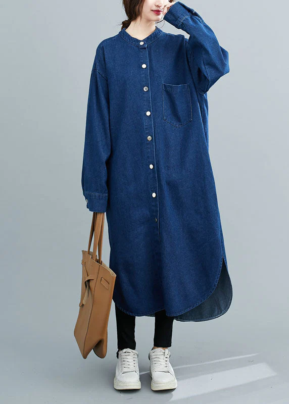 Simple Denim Blue Stand Collar Oversized Side Open Cotton Shirt Dresses Spring - republicanstateiSimple Denim Blue Stand Collar Oversized Side Open Cotton Shirt Dresses Spring - republicanstatei