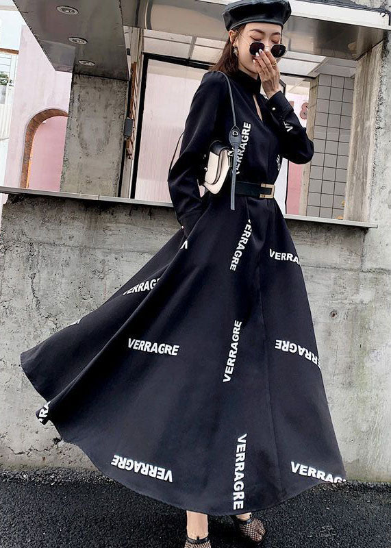 French Black Stand Collar Letter Print Exra Large Hem Chiffon Ankle Dresses Spring - republicanstateiFrench Black Stand Collar Letter Print Exra Large Hem Chiffon Ankle Dresses Spring - republicanstatei