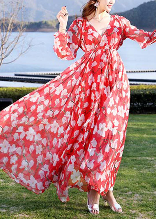 Modern Blue V Neck Print Tie Waist Chiffon Holiday Long Dress Long Sleeve - republicanstateiModern Blue V Neck Print Tie Waist Chiffon Holiday Long Dress Long Sleeve - republicanstatei