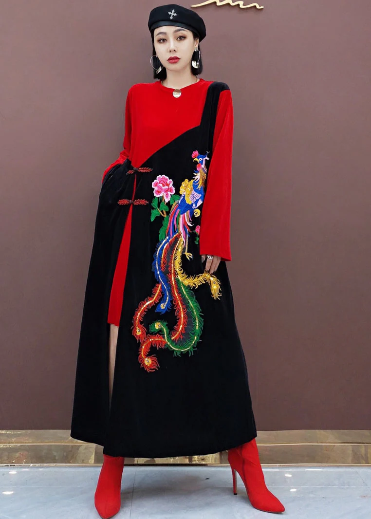 vintage Red Oriental Embroideried Patchwork Velour long Dresses Spring - republicanstateivintage Red Oriental Embroideried Patchwork Velour long Dresses Spring - republicanstatei