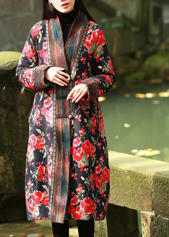 Red Print Fine Cotton Filled Long Coats V Neck Oriental Button Winter - republicanstateiRed Print Fine Cotton Filled Long Coats V Neck Oriental Button Winter - republicanstatei