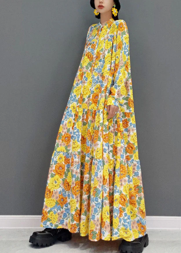 Bohemian Yellow Stand Collar Print Exra Large Hem Cotton Vacation Dresses Spring - republicanstateiBohemian Yellow Stand Collar Print Exra Large Hem Cotton Vacation Dresses Spring - republicanstatei