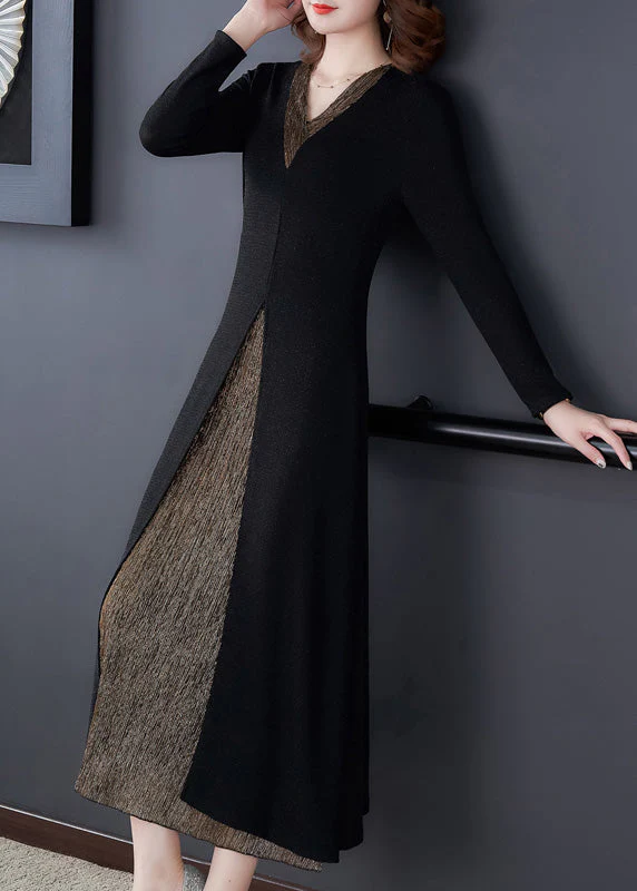 Slim Fit Black V Neck Patchwork Fake Two Pieces Maxi Dress Long Sleeve - republicanstateiSlim Fit Black V Neck Patchwork Fake Two Pieces Maxi Dress Long Sleeve - republicanstatei