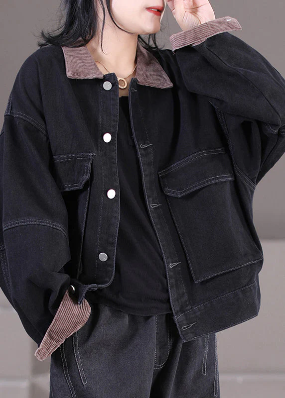 Fashion Black Peter Pan Collar Corduroy Patchwork Button Denim Coats Fall - republicanstateiFashion Black Peter Pan Collar Corduroy Patchwork Button Denim Coats Fall - republicanstatei