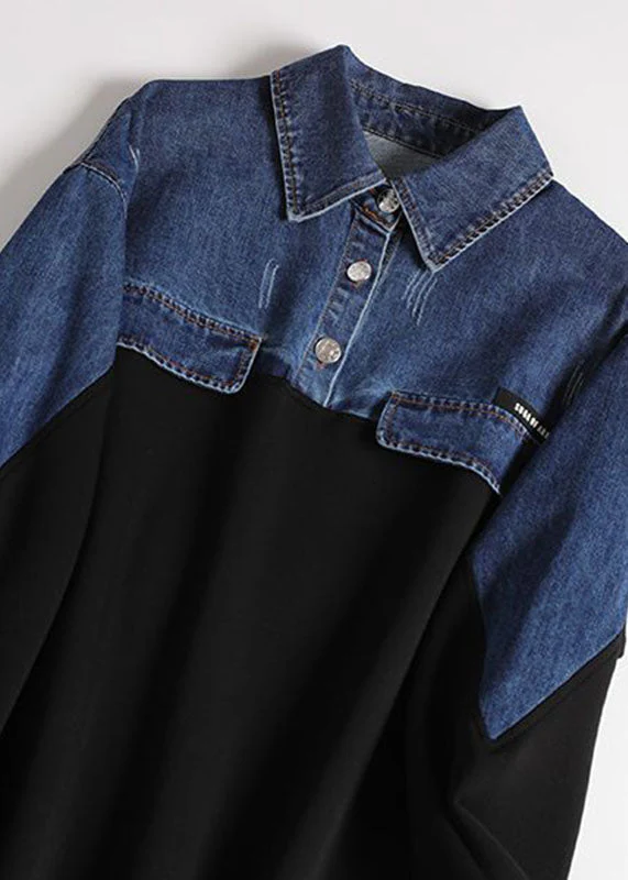 Organic Black Peter Pan Collar Denim Patchwork Button Maxi Dress Long Sleeve - republicanstateiOrganic Black Peter Pan Collar Denim Patchwork Button Maxi Dress Long Sleeve - republicanstatei